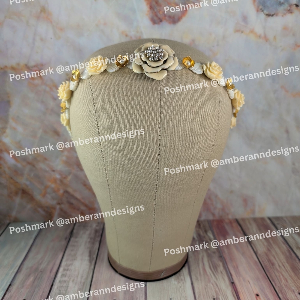 One Of A Kind Elegant Cream Rose Headband w/ Gold and White Floral Accents